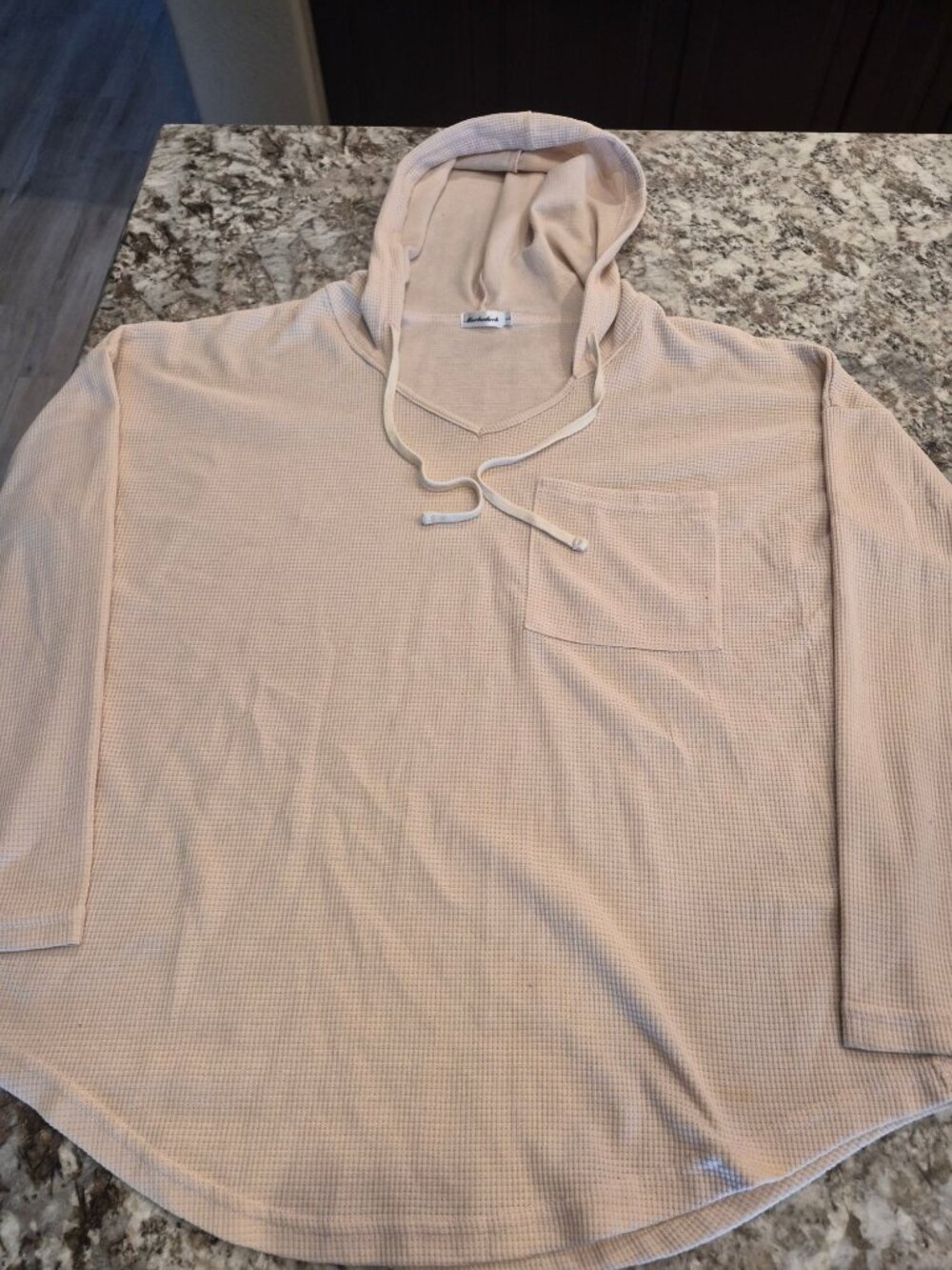 Morhuduck Beige Waffle Knit Hooded Long Sleeve Pullover With Drawstring Size L